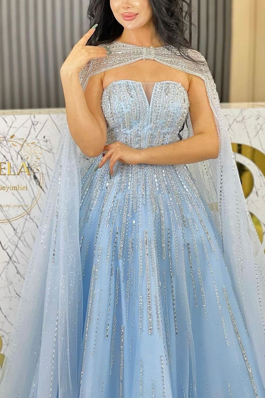 Sparkle Strapless Blue Tulle A-Line Sequined Prom Dress with Watteau-BallBride