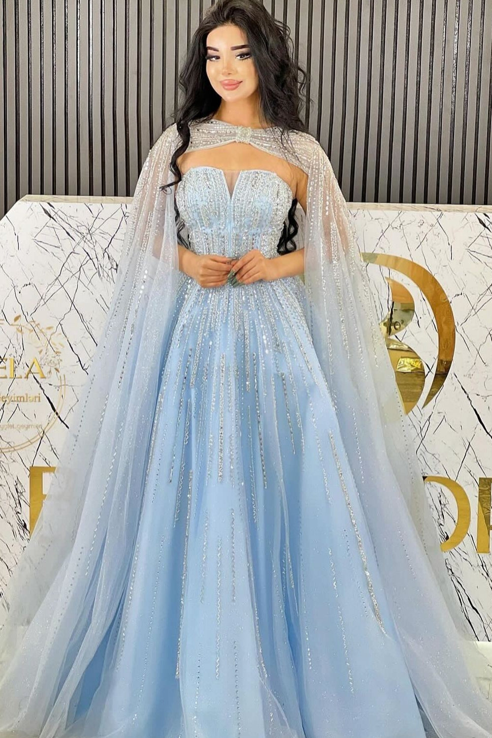 Sparkle Strapless Blue Tulle A-Line Sequined Prom Dress with Watteau-BallBride