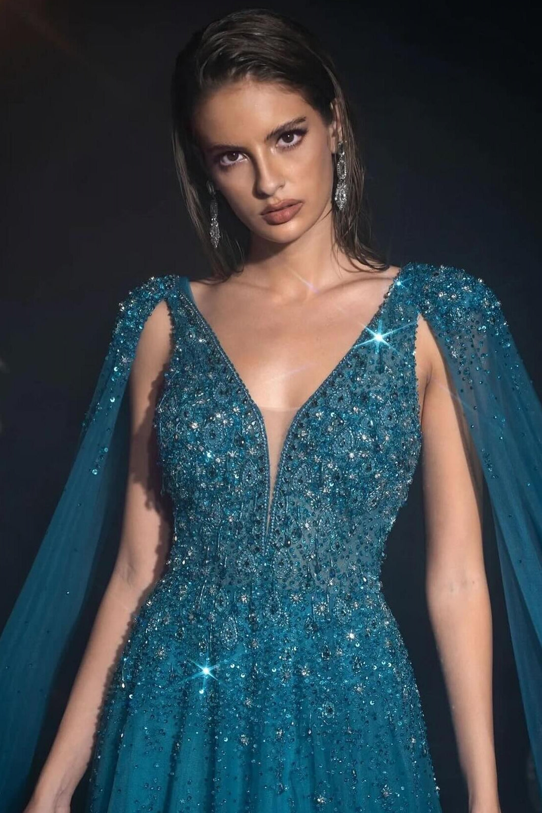 Sparkle Tulle V-Neck A-Line Prom Dress Watteau Train with Beads and Sequined-BallBride