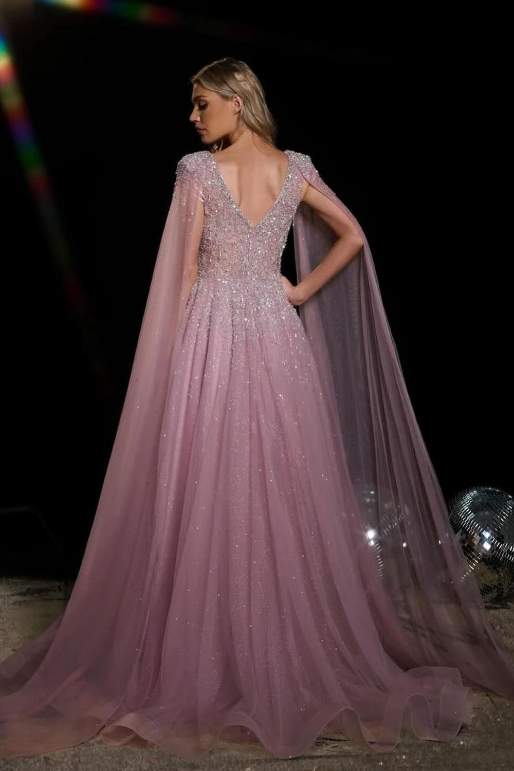 Sparkle Tulle V-Neck A-Line Prom Dress Watteau Train with Beads and Sequined-BallBride