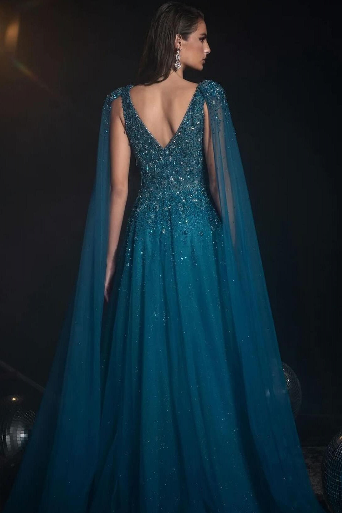 Sparkle Tulle V-Neck A-Line Prom Dress Watteau Train with Beads and Sequined-BallBride