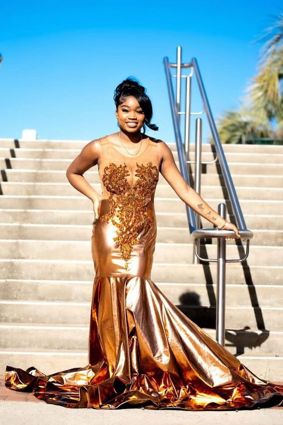 Sparkly Gold Mermaid Sleeveless Appliques Jewel Prom Dress-BallBride