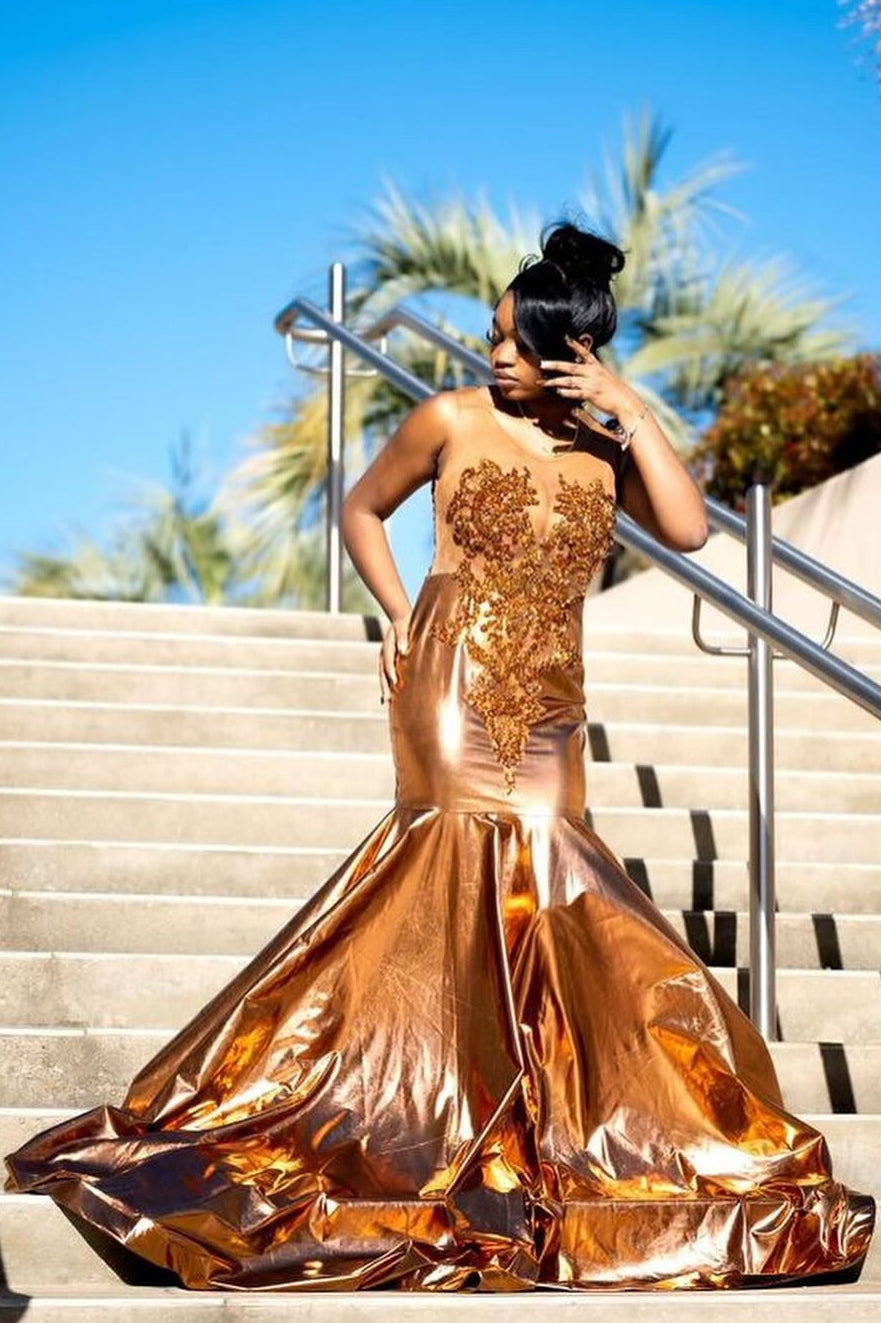Sparkly Gold Mermaid Sleeveless Appliques Jewel Prom Dress-BallBride