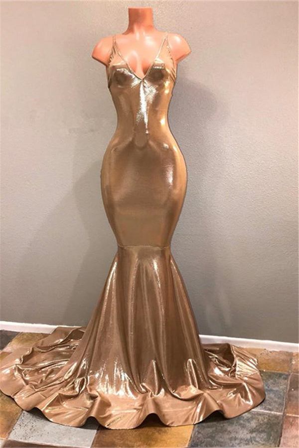 Sparkly Gold Sequins Spaghetti Straps Criss-Cross Prom Dress-BallBride
