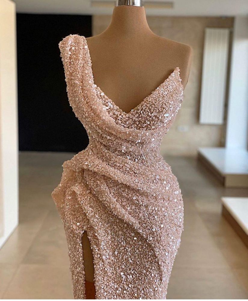 Sparkly One Shoulder Sleeveless Sequins Side Slit Ruffles Prom Dress-BallBride