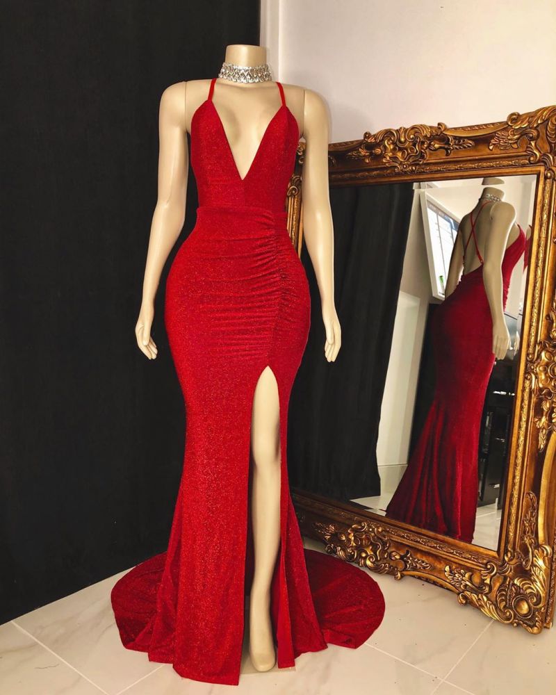 Sparkly Red Sequins Open Back Ruffles Side Slit Prom Dress-BallBride