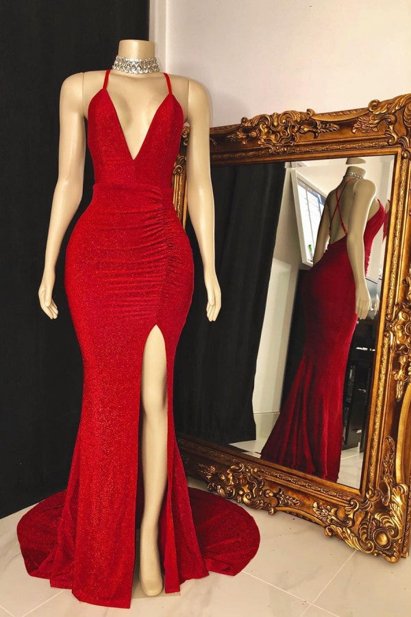 Sparkly Red Sequins Open Back Ruffles Side Slit Prom Dress-BallBride
