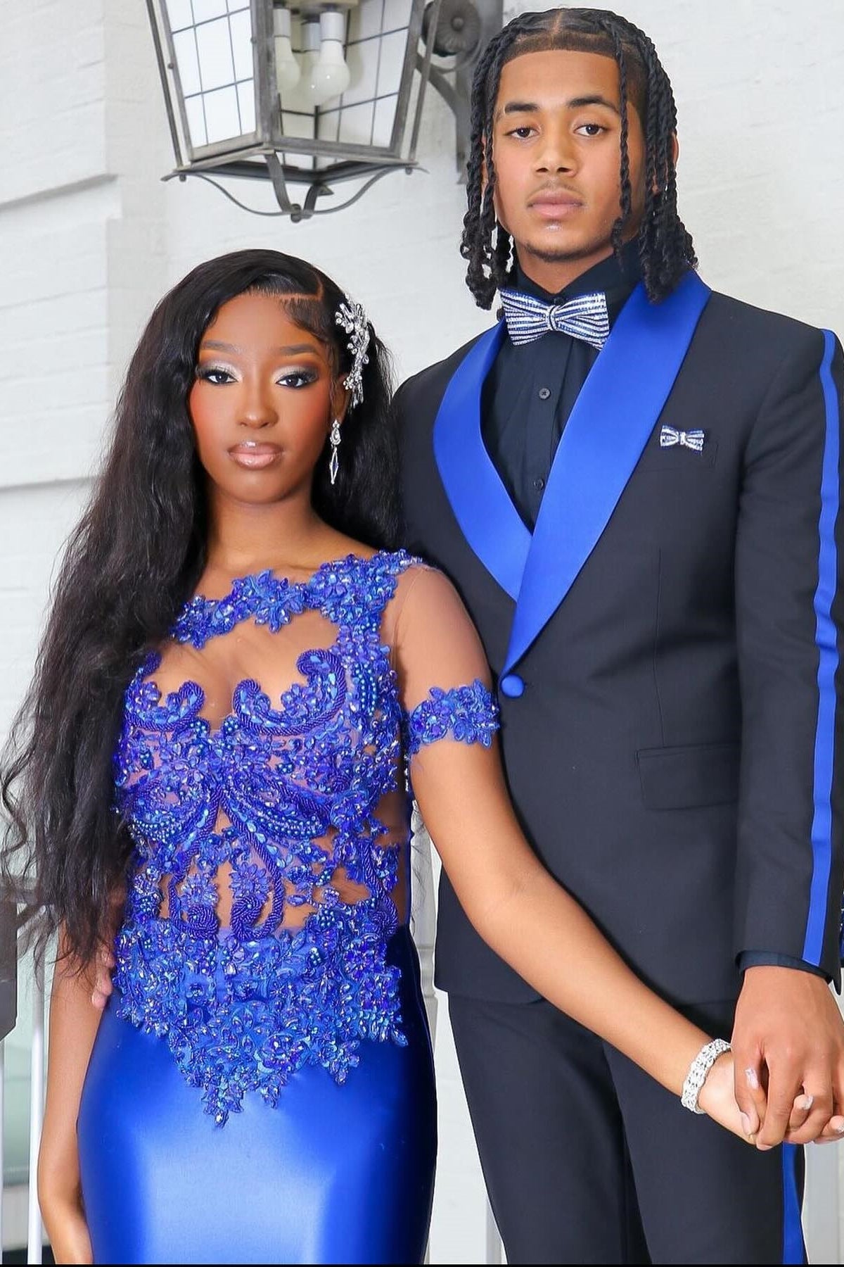 Sparkly Royal Blue Short Sleeve Mermaid Appliques Prom Dress-BallBride