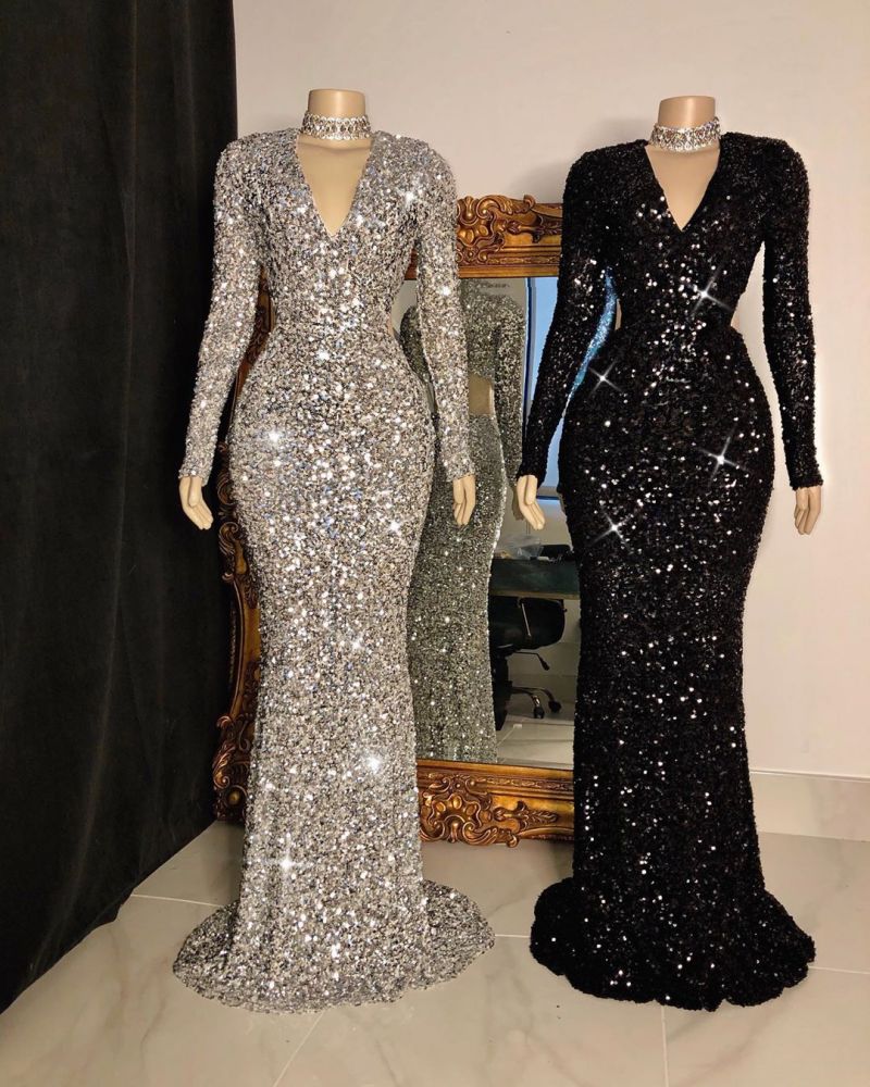 Sparkly Sequins Long Sleeve V-Neck Fashion Prom Dress-BallBride