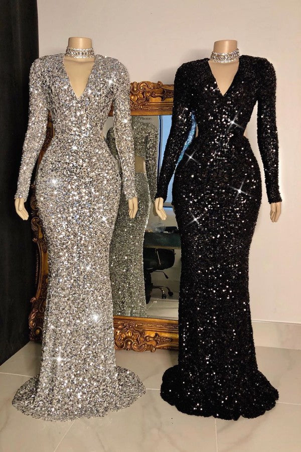 Sparkly Sequins Long Sleeve V-Neck Fashion Prom Dress-BallBride