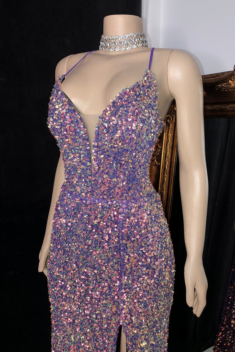 Sparkly Sequins Spaghetti Straps Side Slit Open Back Prom Dress-BallBride