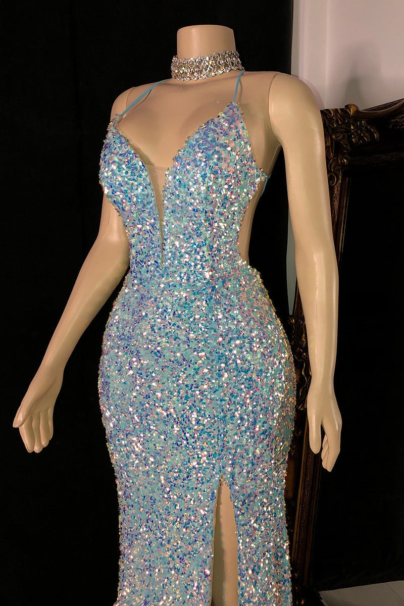 Sparkly Sequins Spaghetti Straps Side Slit Open Back Prom Dress-BallBride