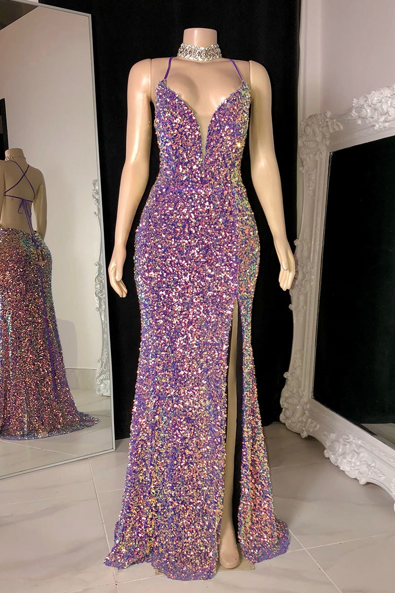 Sparkly Sequins Spaghetti Straps Side Slit Open Back Prom Dress-BallBride
