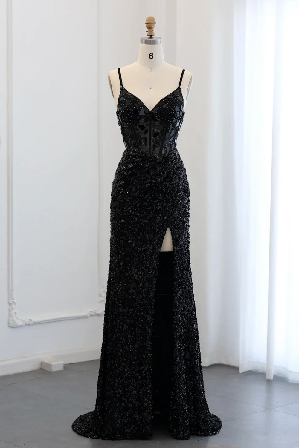 Sparkly Spaghetti Straps Mermaid Backless Split Front Prom Dress with Sequins-BallBride