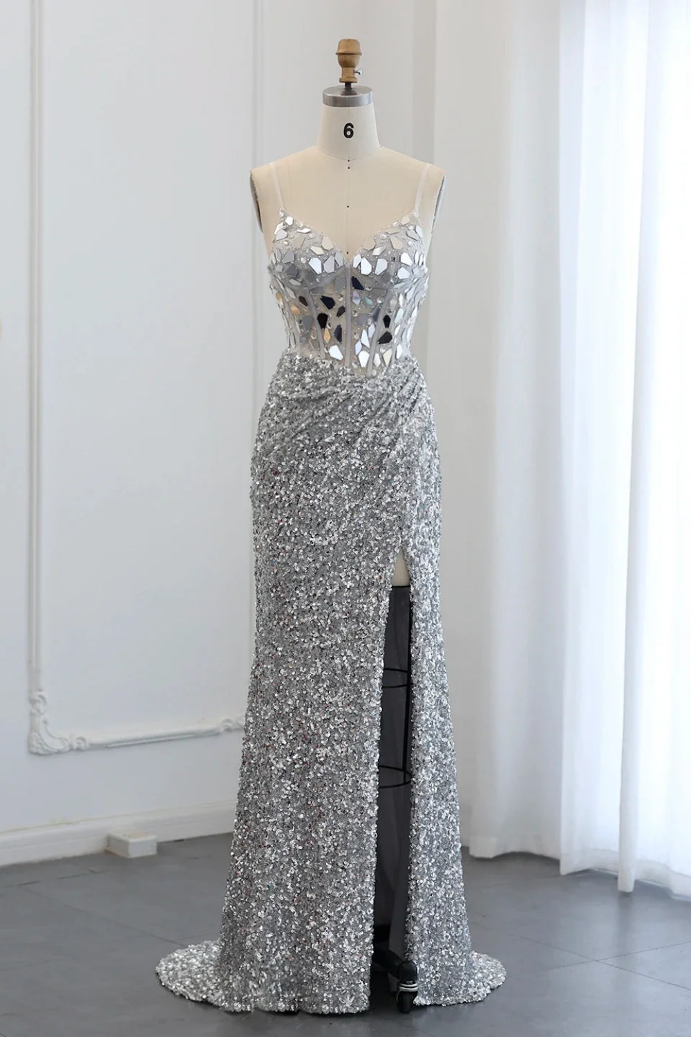 Sparkly Spaghetti Straps Mermaid Backless Split Front Prom Dress with Sequins-BallBride