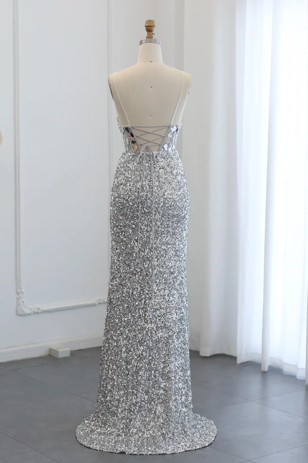 Sparkly Spaghetti Straps Mermaid Backless Split Front Prom Dress with Sequins-BallBride