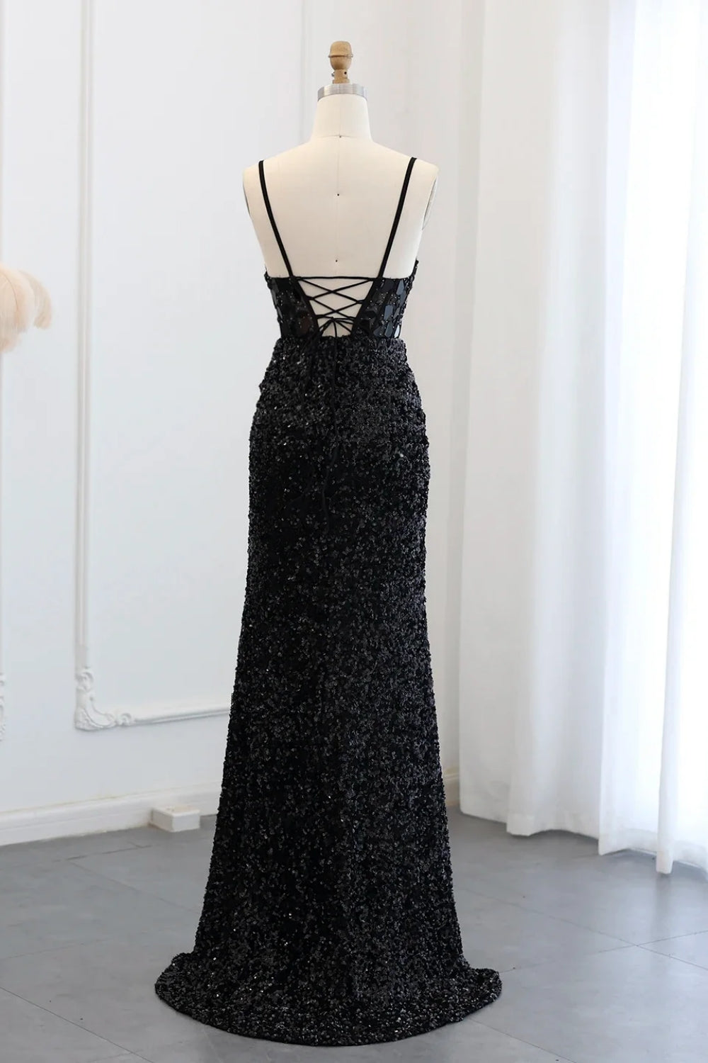 Sparkly Spaghetti Straps Mermaid Backless Split Front Prom Dress with Sequins-BallBride