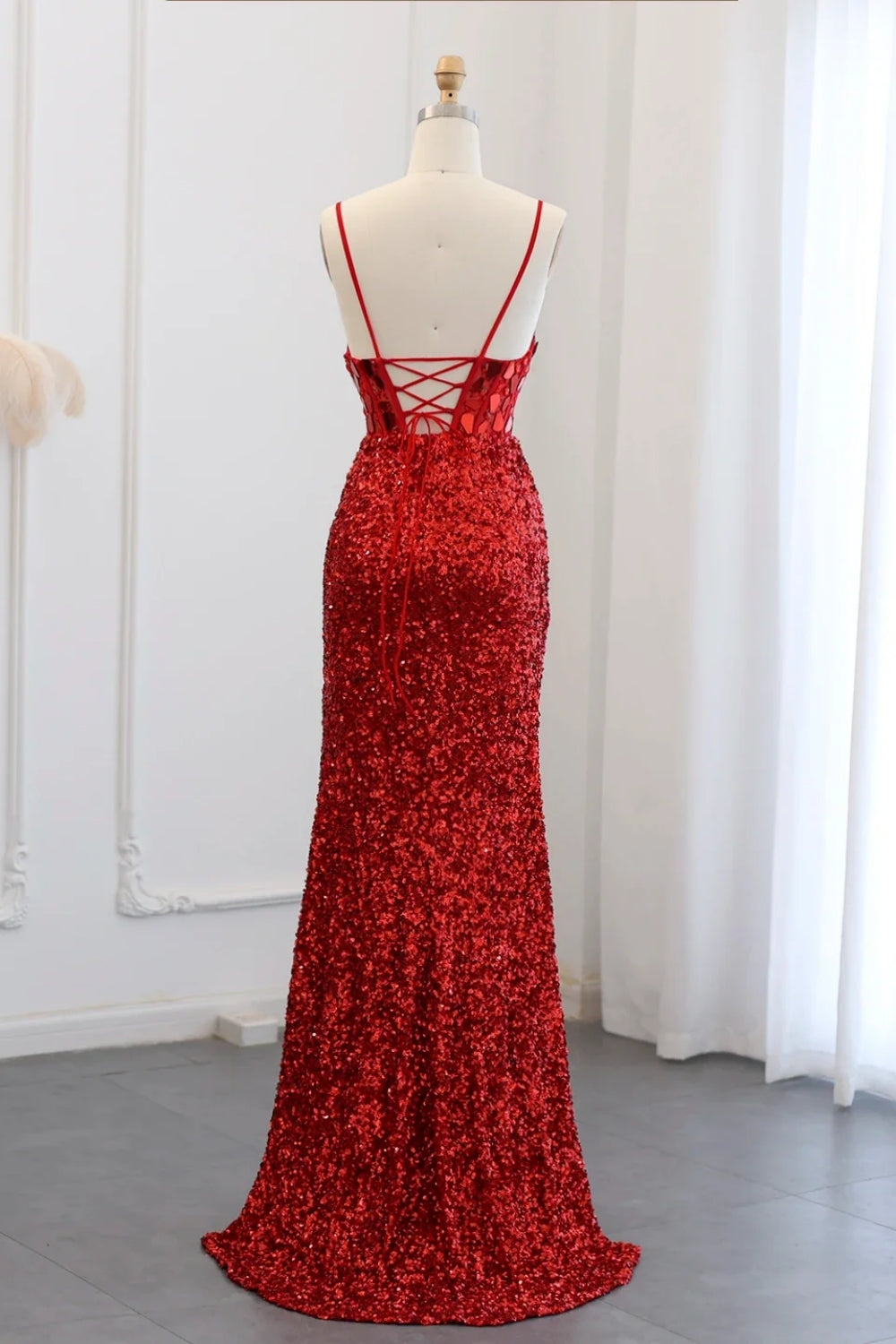 Sparkly Spaghetti Straps Mermaid Backless Split Front Prom Dress with Sequins-BallBride