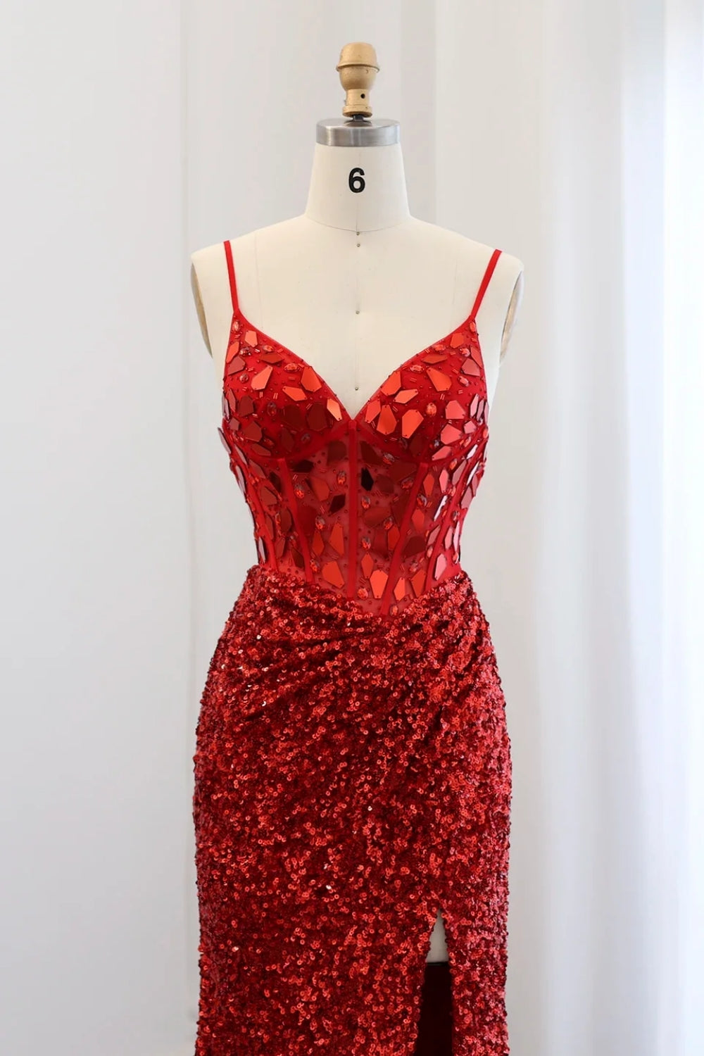 Sparkly Spaghetti Straps Mermaid Backless Split Front Prom Dress with Sequins-BallBride
