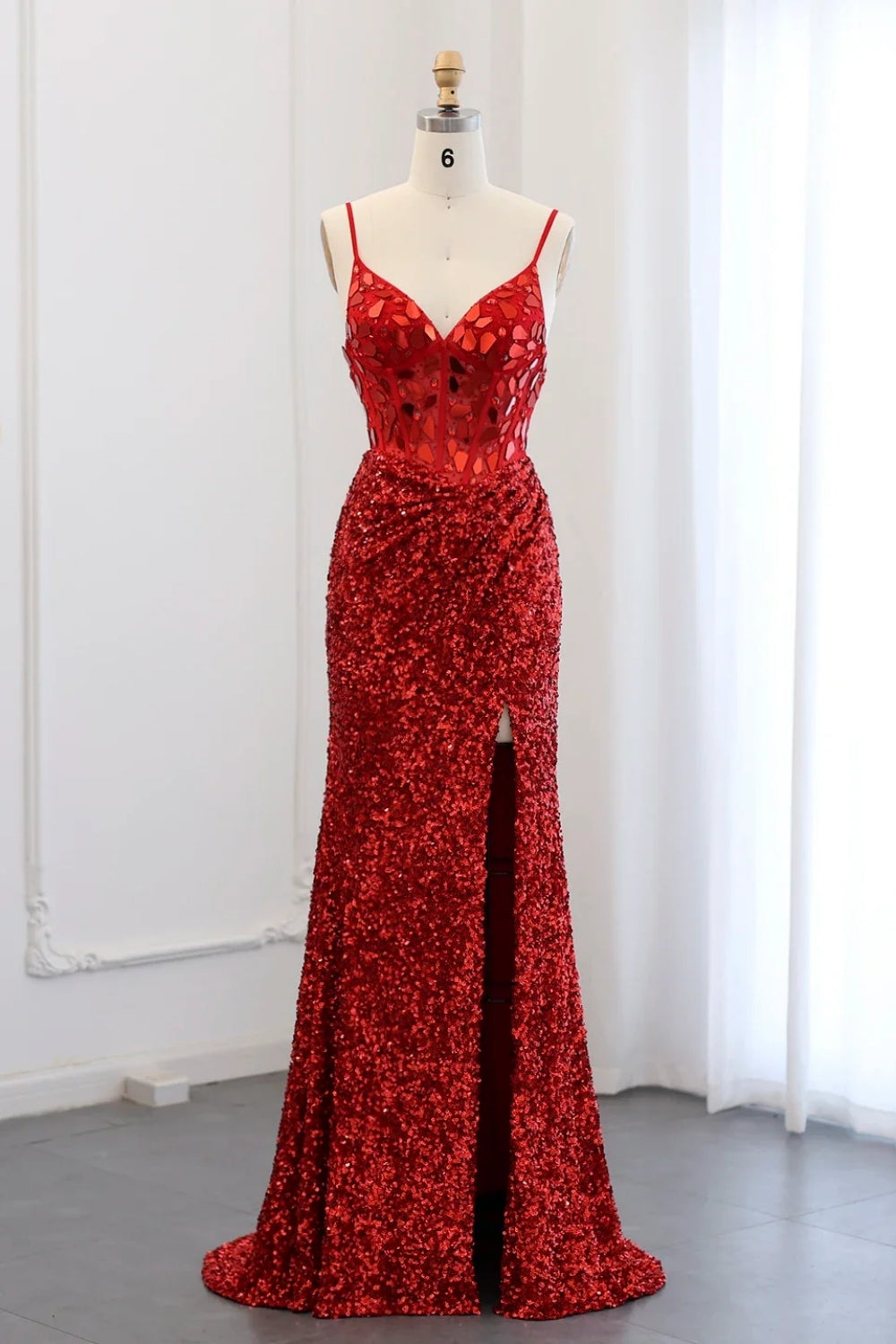 Sparkly Spaghetti Straps Mermaid Backless Split Front Prom Dress with Sequins-BallBride