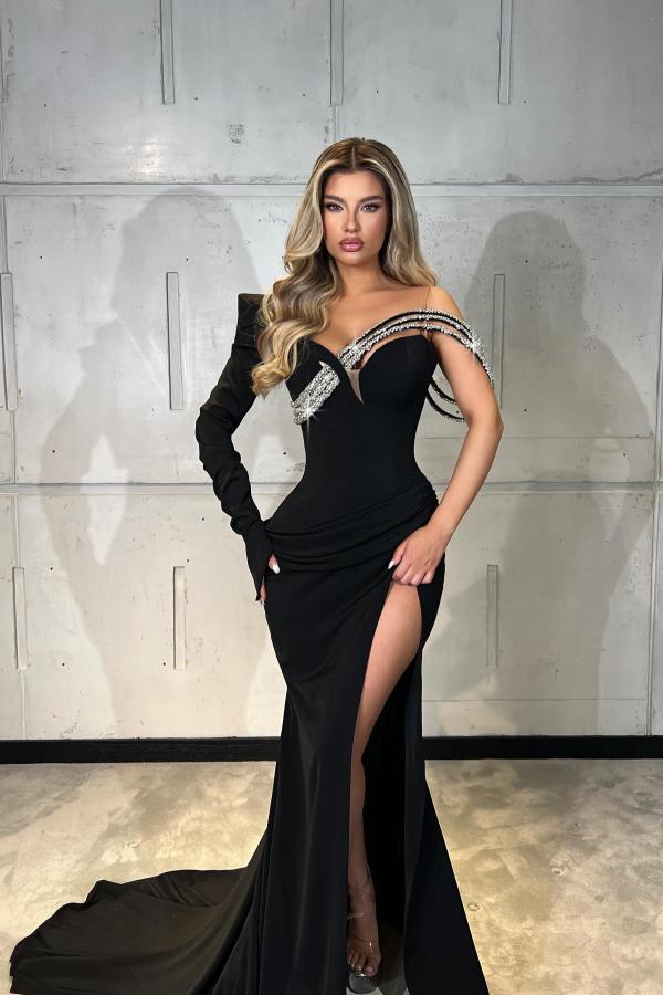 Split Front Black Mermaid Draped Satin Long Prom Dress with Rhinestone-BallBride