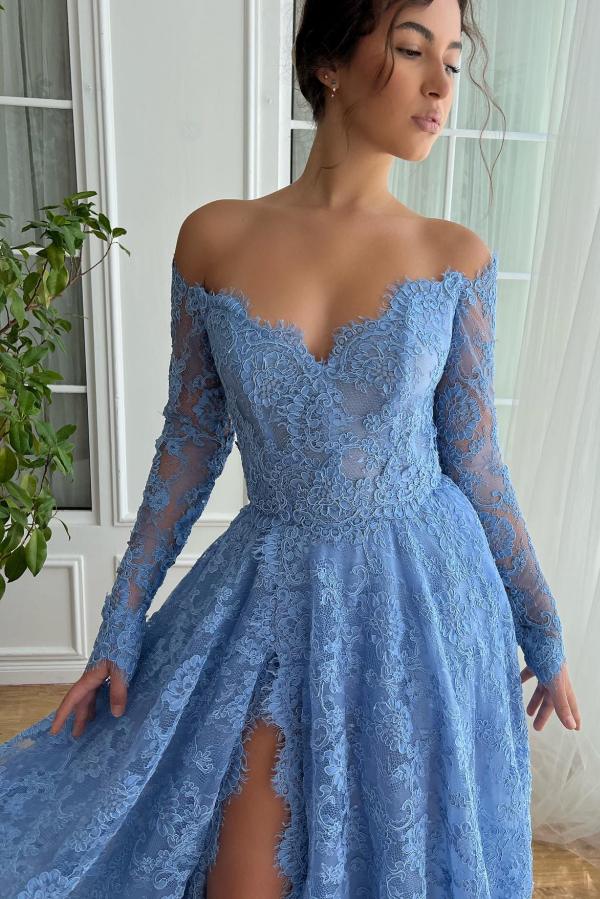 Split Front Blue Lace Mermaid Long Sleeves A Line Floor Length Formal Dress-BallBride
