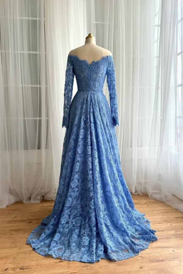 Split Front Blue Lace Mermaid Long Sleeves A Line Floor Length Formal Dress-BallBride
