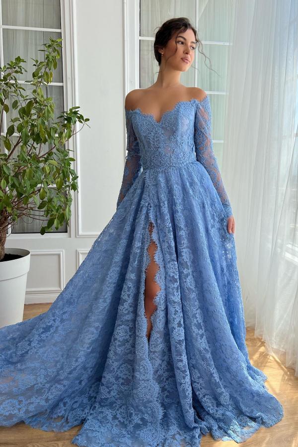 Split Front Blue Lace Mermaid Long Sleeves A Line Floor Length Formal Dress-BallBride