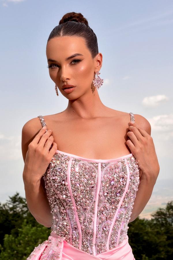 Split Front Pink Spaghetti Straps Floor Length Draped Mermaid Prom Dress with Beads-BallBride