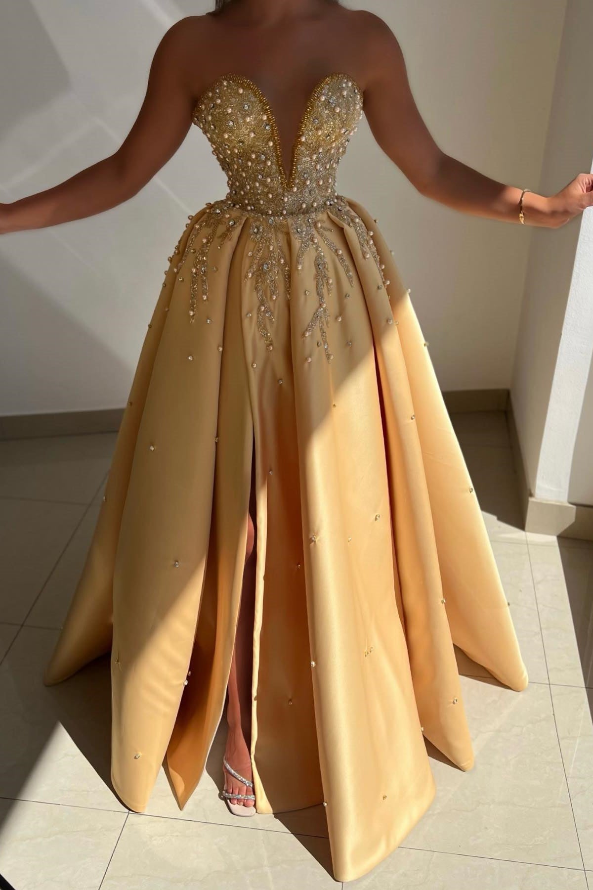 Split Front Strapless A-Line V-Neck Prom Dress with Beads and Appliques Lace-BallBride