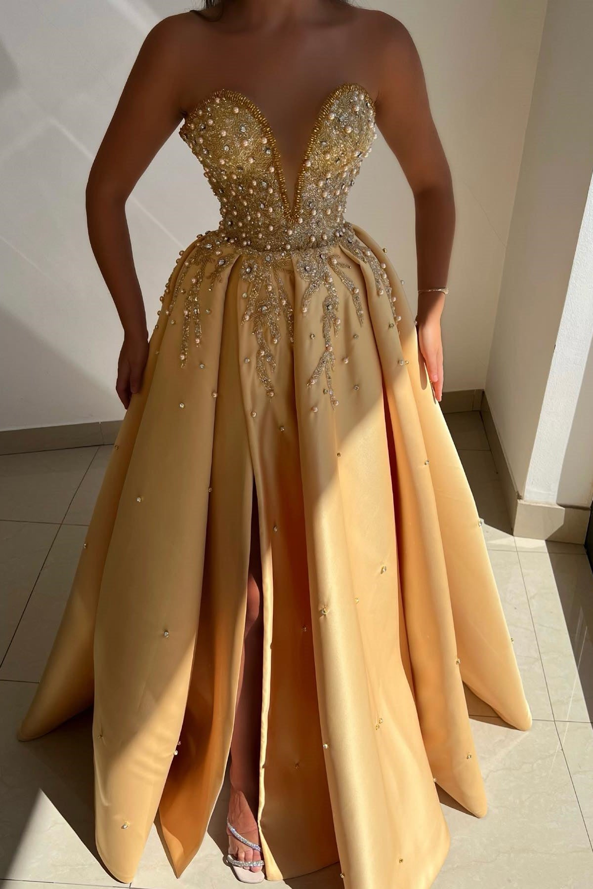 Split Front Strapless A-Line V-Neck Prom Dress with Beads and Appliques Lace-BallBride