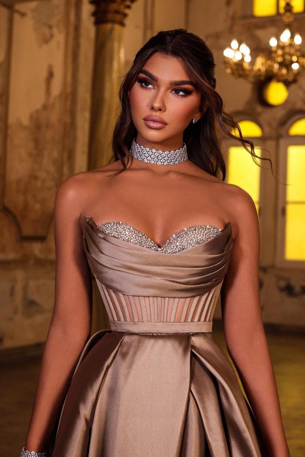 Split Front Sweetheart A Line Satin Floor Length Prom Dress with Ruffle and Rhinestone-BallBride