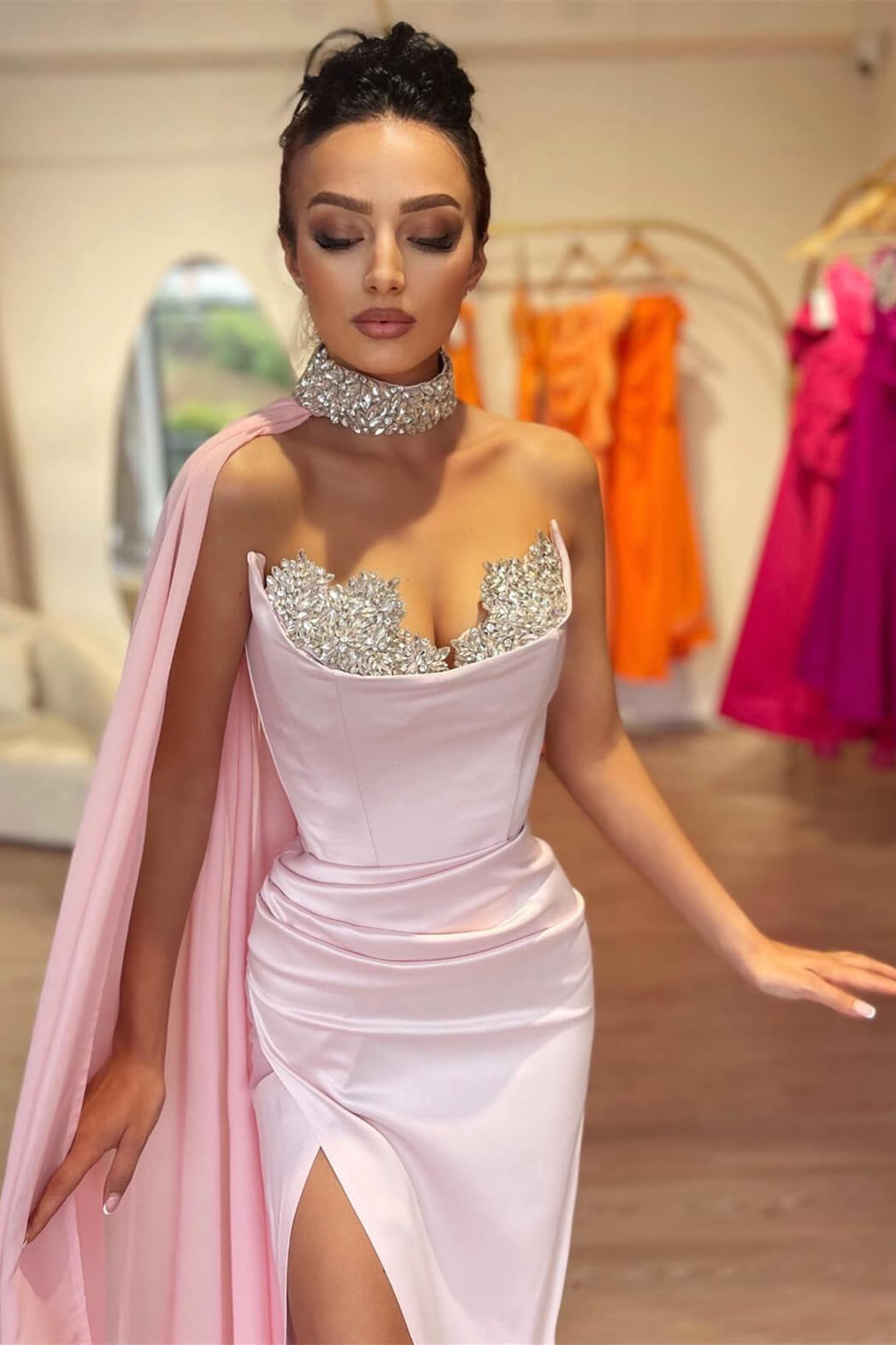 Split Front Sweetheart Long Mermaid Prom Dress with Cape-BallBride