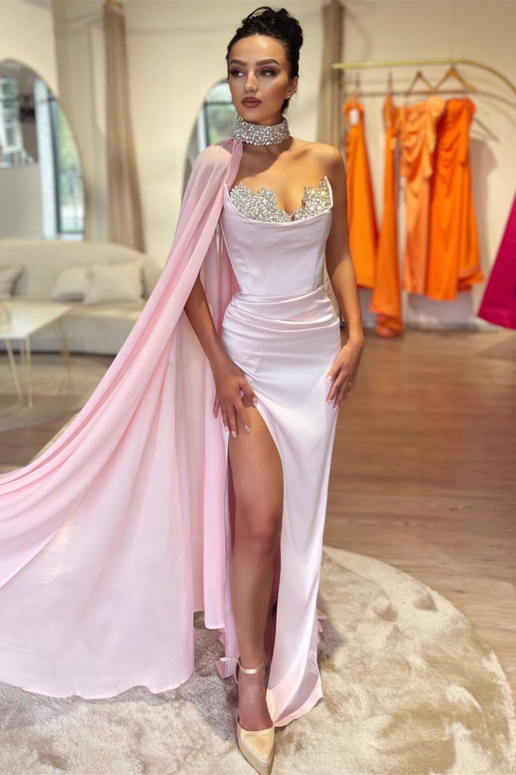 Split Front Sweetheart Long Mermaid Prom Dress with Cape-BallBride