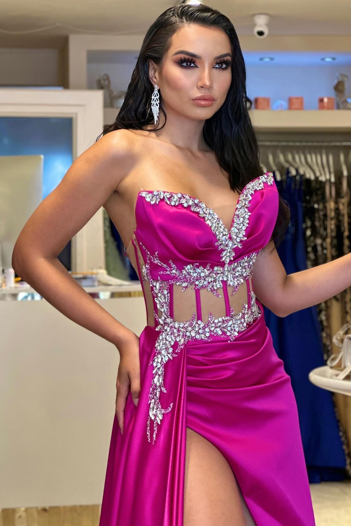 Split Front Sweetheart Satin Beaded Long A-Line Prom Dress-BallBride