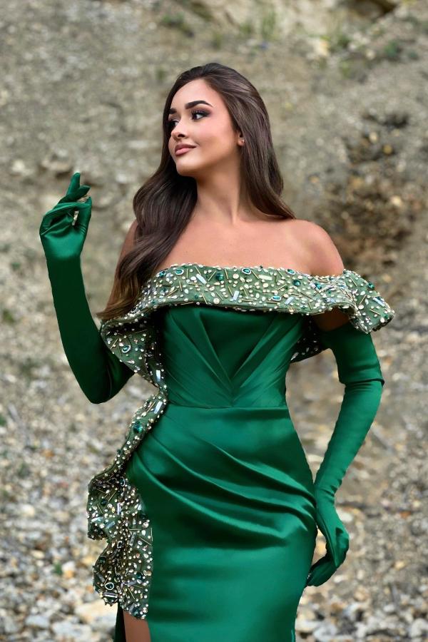 Split Side Off The Shoulder Mermaid Green Satin Prom Dress with Beads-BallBride