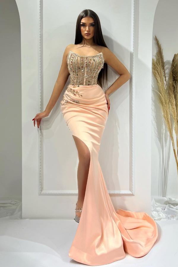 Split Side Strapless Mermaid Long Draped Satin Prom Dress with Beads and Sequins-BallBride