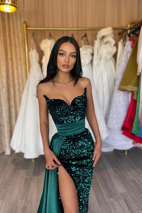 Split Side Strapless Sweetheart Dark Green Mermaid Prom Dress with Sequins-BallBride