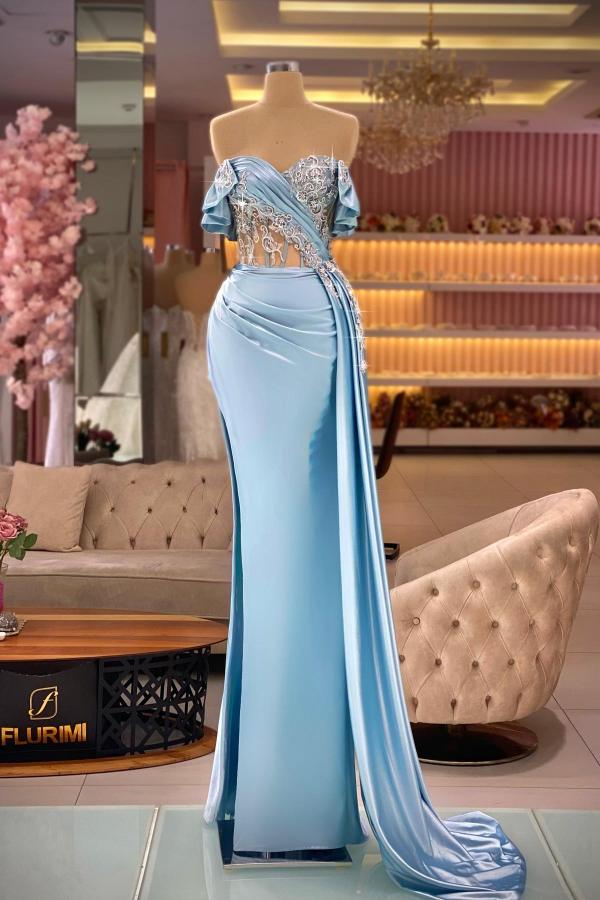 Split Side Strapless Sweetheart Long Mermaid Prom Dress with Panel Train-BallBride