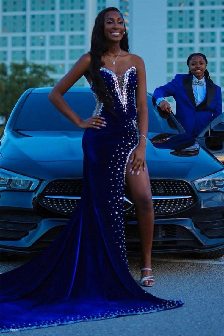 Split Side Strapless V-Neck Mermaid Long Prom Dress with Beads-BallBride