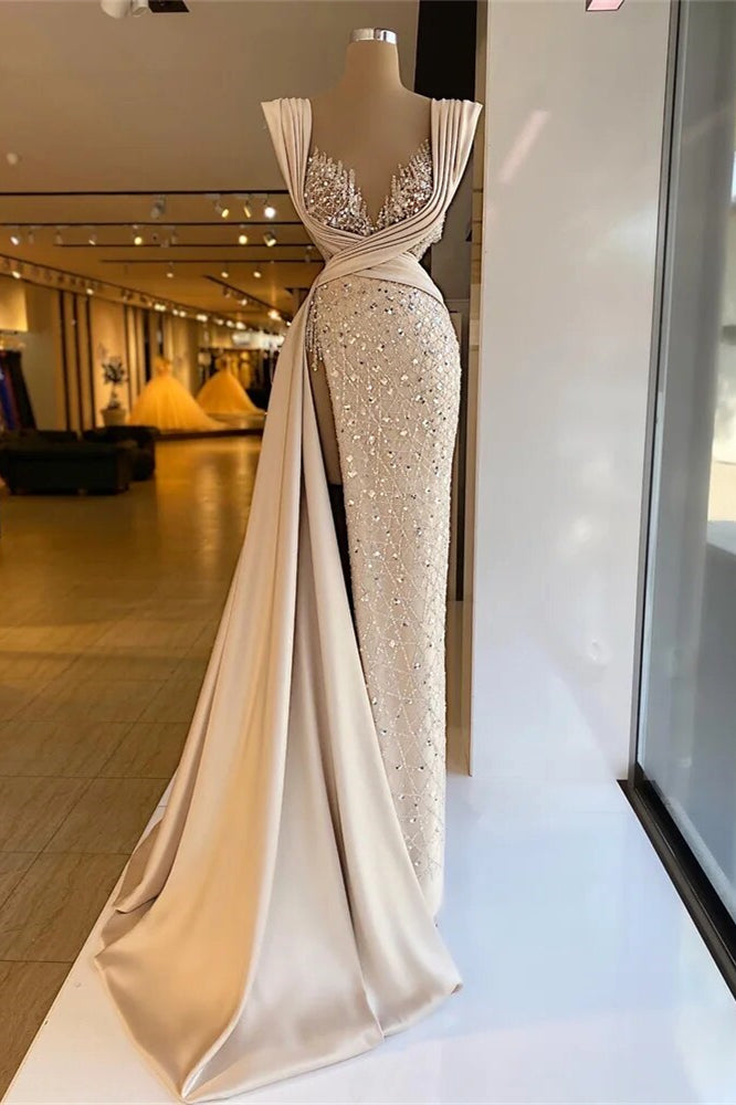 Split Side V-Neck Mermaid Long Prom Dress with Sequins and Rhinestones-BallBride