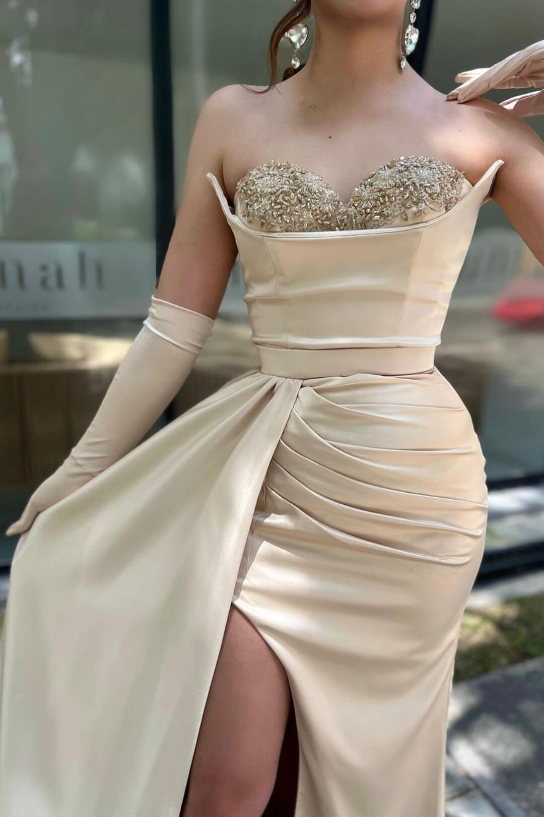 Split Strapless Sweetheart Satin Long Prom Dress with Beads and Gloves-BallBride