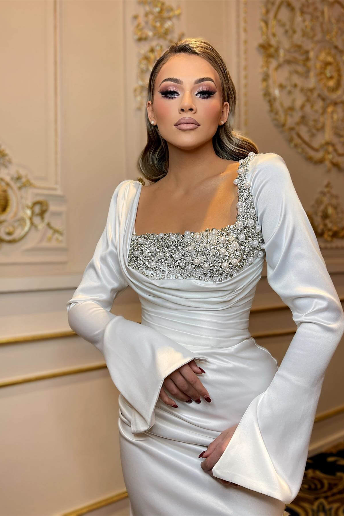 Square Neck Long Sleeve Mermaid White Satin Prom Dress with Beads-BallBride
