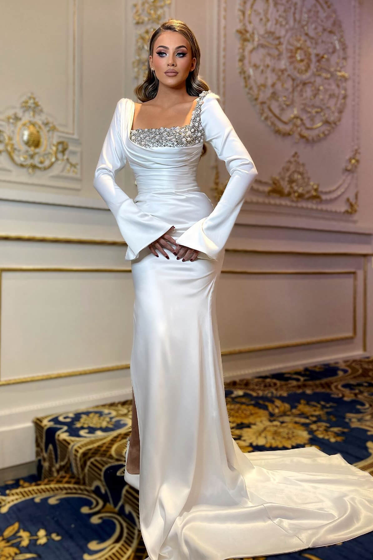 Square Neck Long Sleeve Mermaid White Satin Prom Dress with Beads-BallBride