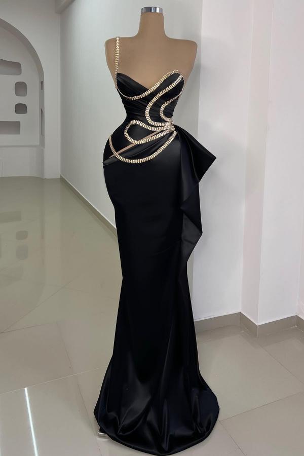 Strapeless Mermaid Long Black Ruched Satin Prom Dress with Beadings-BallBride