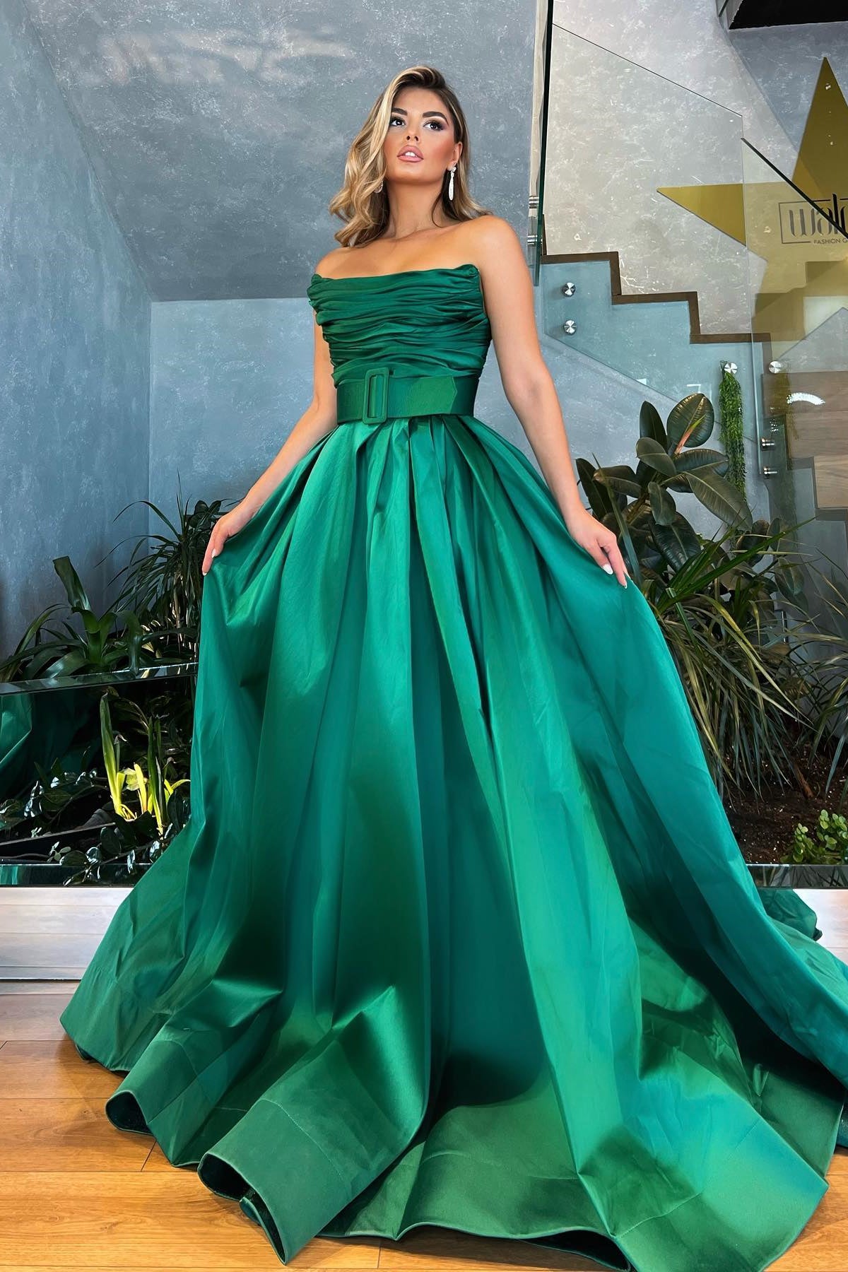 Strapless A-Line Ruched Satin Floor Length Prom Dress with Slit-BallBride