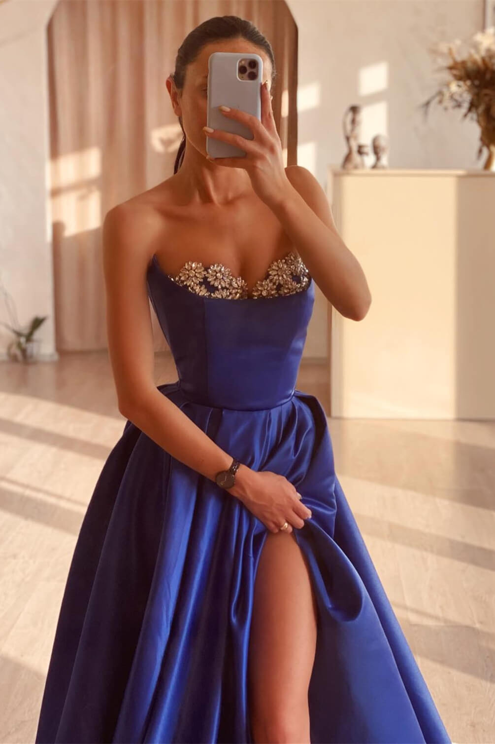 Strapless A-Line Sweetheart Blue Satin Split Front Prom Dress with Appliques Lace-BallBride