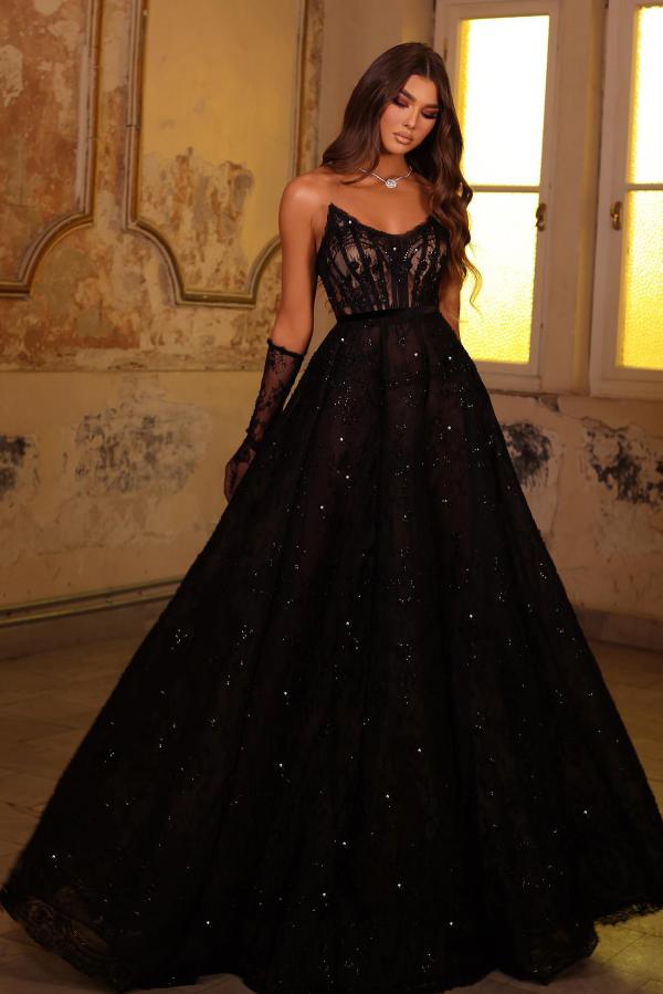 Strapless Black Lace Beads A Line Floor Length Prom Dress with Gloves-BallBride