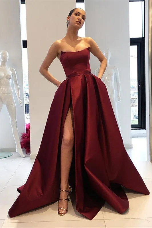 Strapless Burgundy Mermaid Evening Dress With Split-BallBride