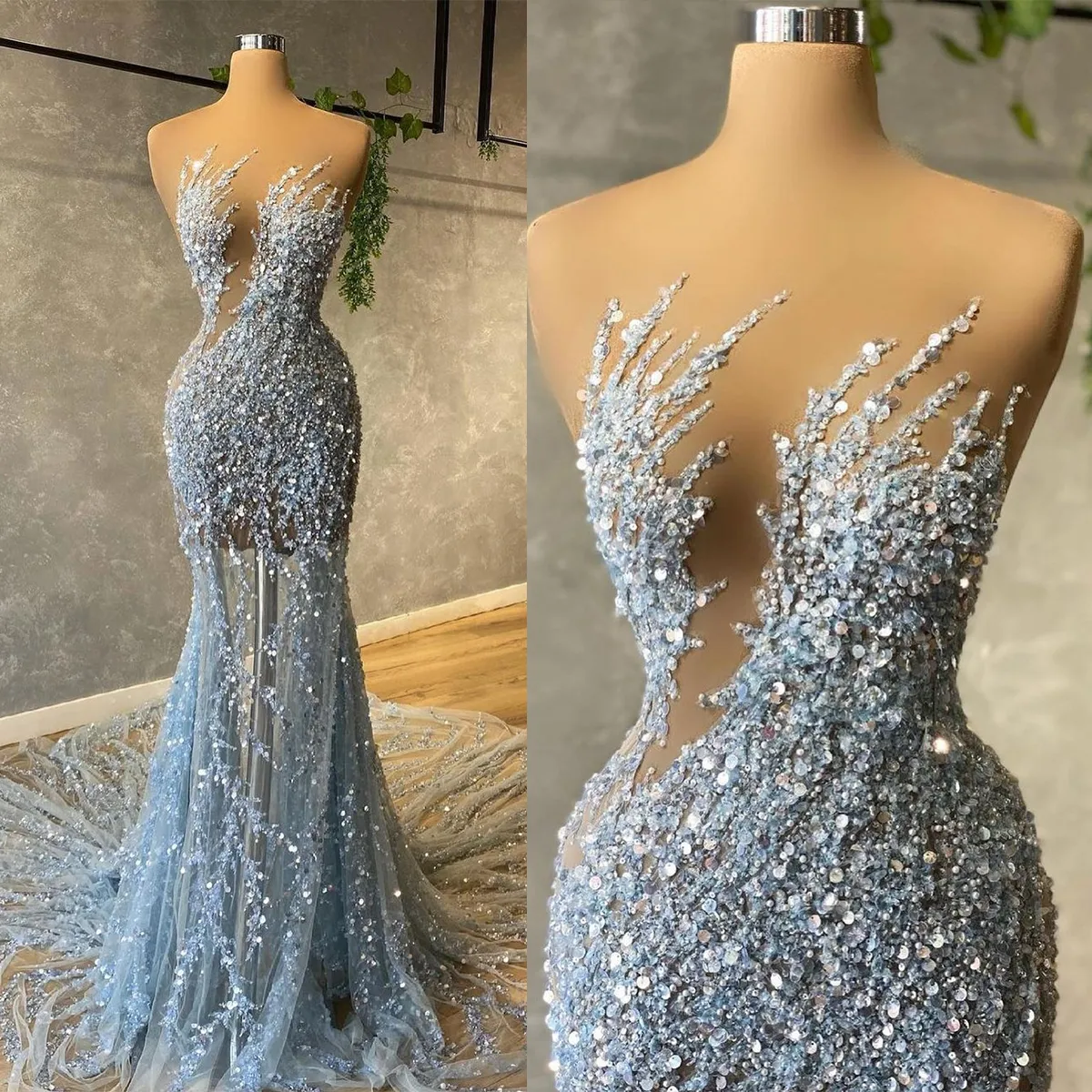 Strapless Hot Sequin Sparkle Beaded Column Court Train Prom Dresses-BallBride